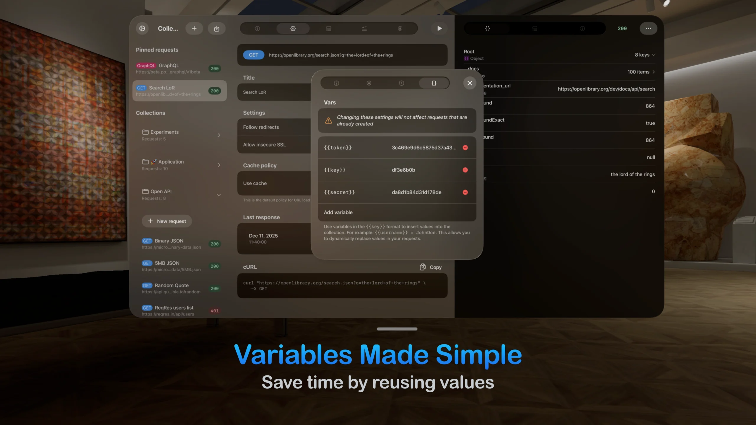 Managing and reusing variables like tokens and keys in a floating window of the API client app designed for visionOS.