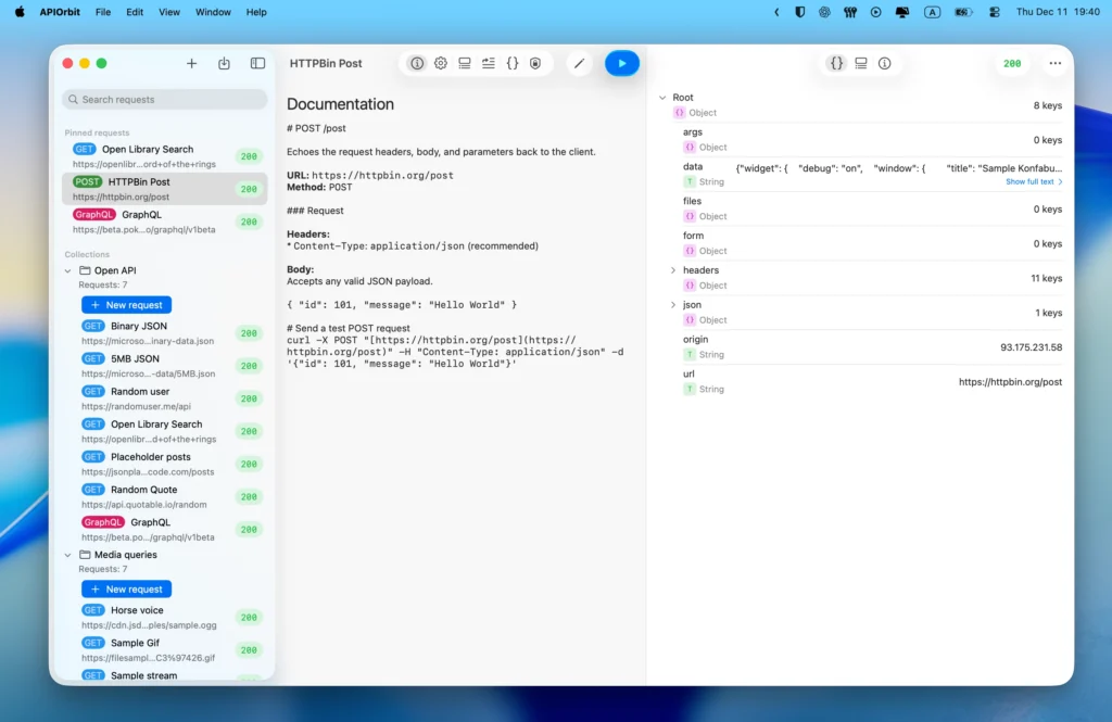 Viewing request documentation inside API Orbit API Orbit displaying rendered Markdown documentation for an HTTPBin POST request alongside the JSON response viewer