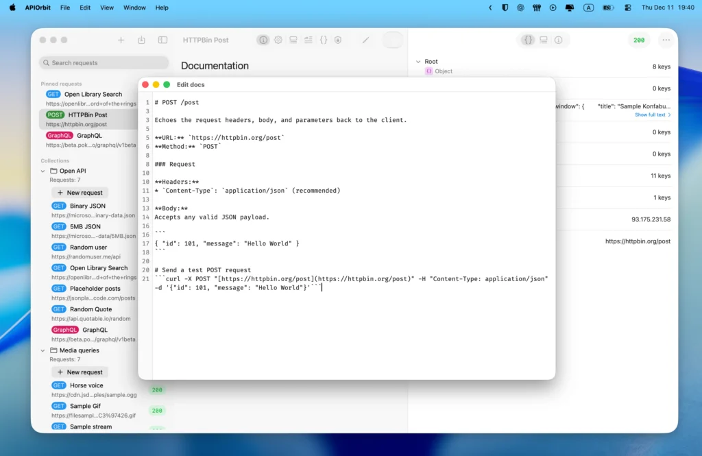 Editing request documentation in API Orbit on macOS API Orbit on macOS showing the documentation editor for an HTTPBin POST request with Markdown content.