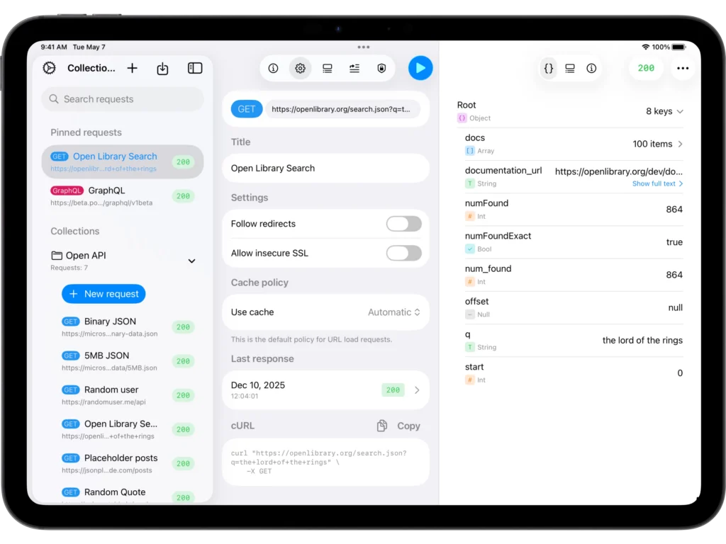 API Orbit on iPad showing pinned requests, search bar, request details, and structured JSON response.
